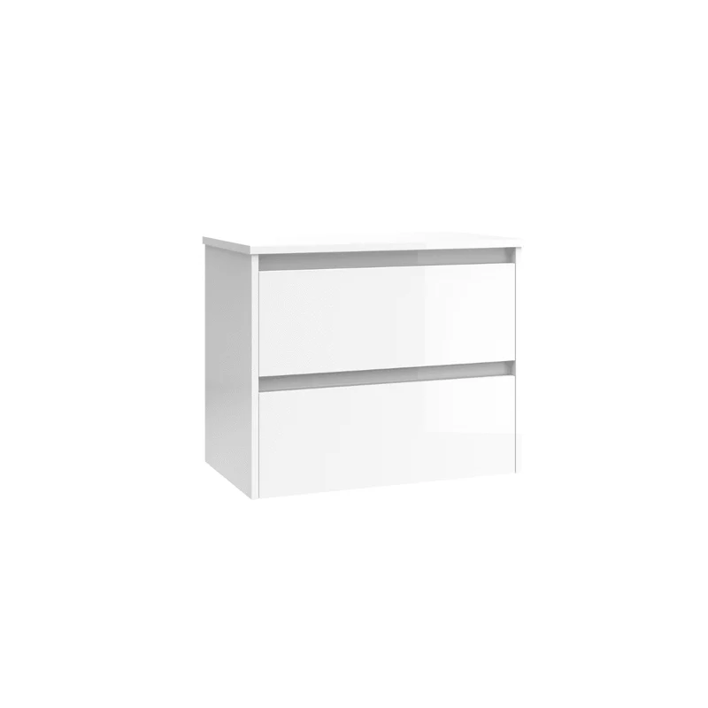 Mueble de Baño Suspendido Fondo Reducido con Lavabo Sobreponer Cerámico para Aseos modelo Veloz| Mueble Volado 2 Cajones | Blanco Brillo