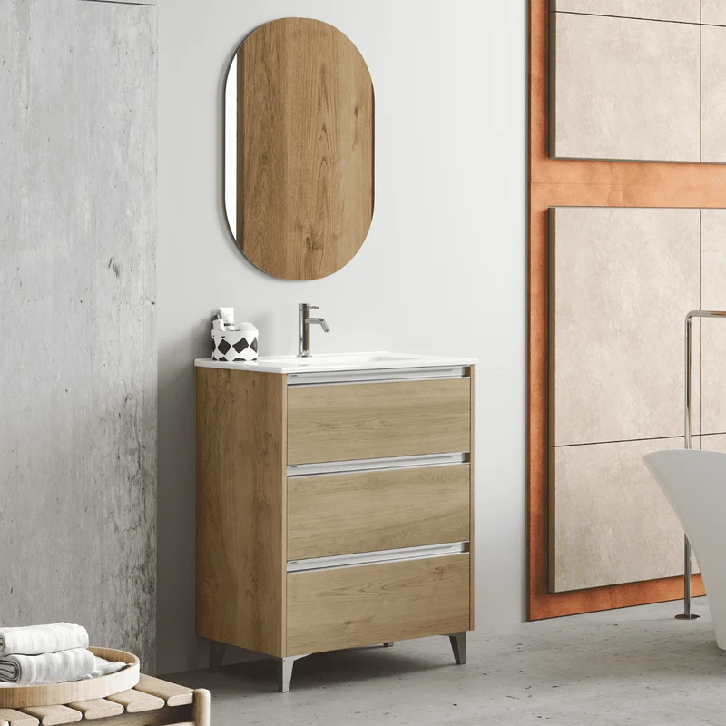 Mueble de Baño A Suelo con Lavabo Cerámico modelo Veloz| Mueble Baño con Patas 3 Cajones Con Tirador | Roble Natural