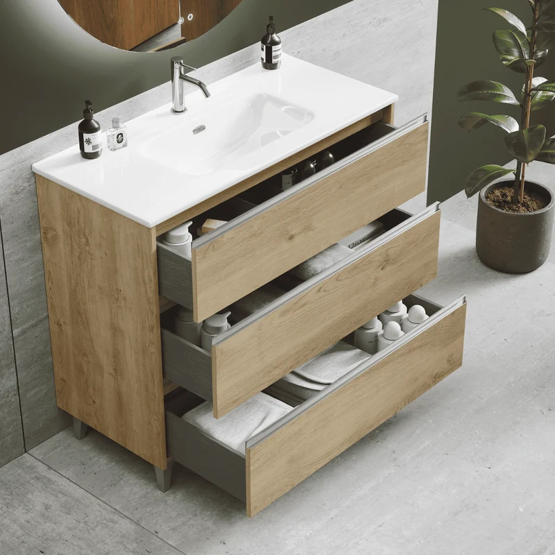 Mueble de Baño A Suelo con Lavabo Cerámico modelo Veloz| Mueble Baño con Patas 3 Cajones Con Tirador | Roble Natural