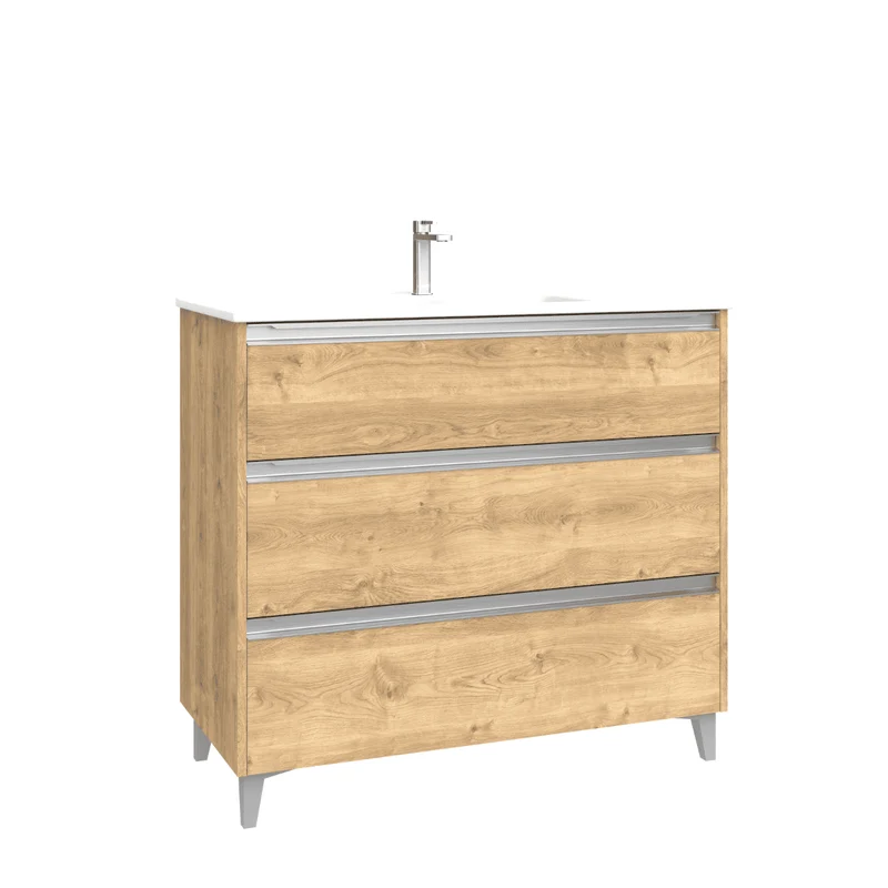Mueble de Baño A Suelo con Lavabo Cerámico modelo Veloz| Mueble Baño con Patas 3 Cajones Con Tirador | Roble Natural