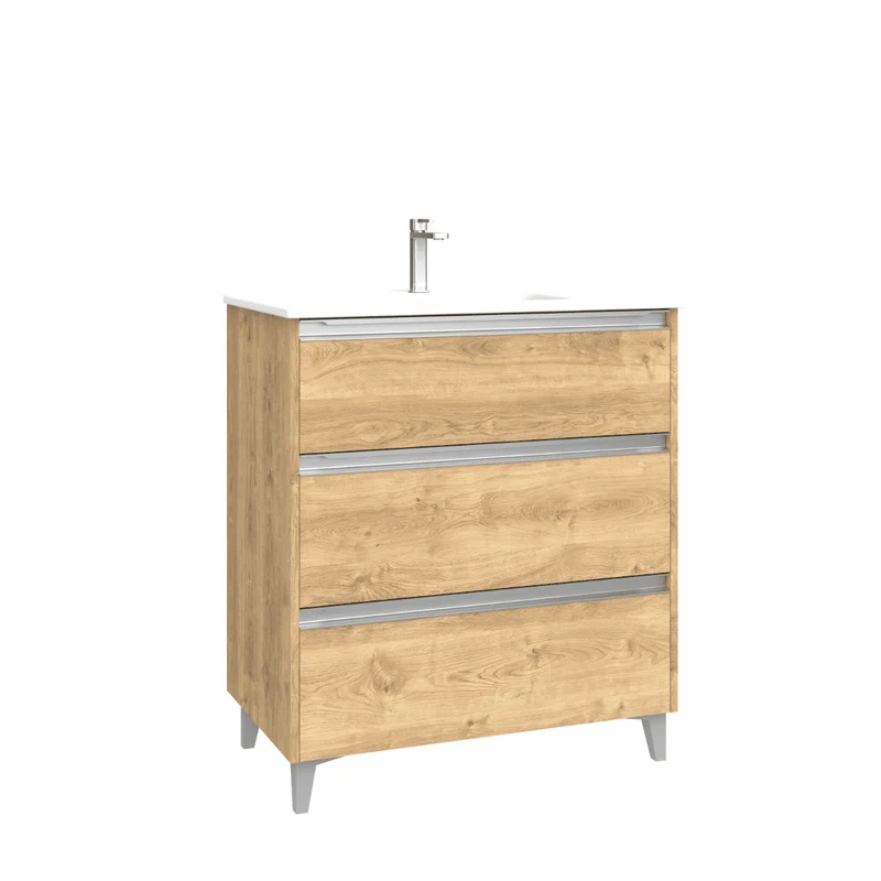 Mueble de Baño A Suelo con Lavabo Cerámico modelo Veloz| Mueble Baño con Patas 3 Cajones Con Tirador | Roble Natural