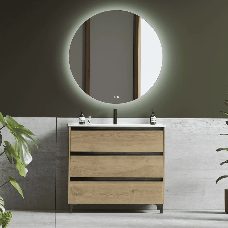 Mueble de Baño A Suelo con Lavabo Cerámico modelo Veloz| Mueble Baño con Patas 3 Cajones Con Tirador | Roble Natural