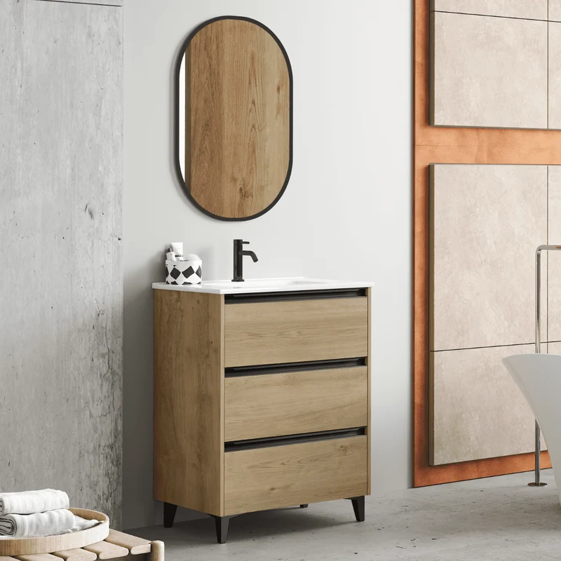Mueble de Baño A Suelo con Lavabo Cerámico modelo Veloz| Mueble Baño con Patas 3 Cajones Con Tirador | Roble Natural