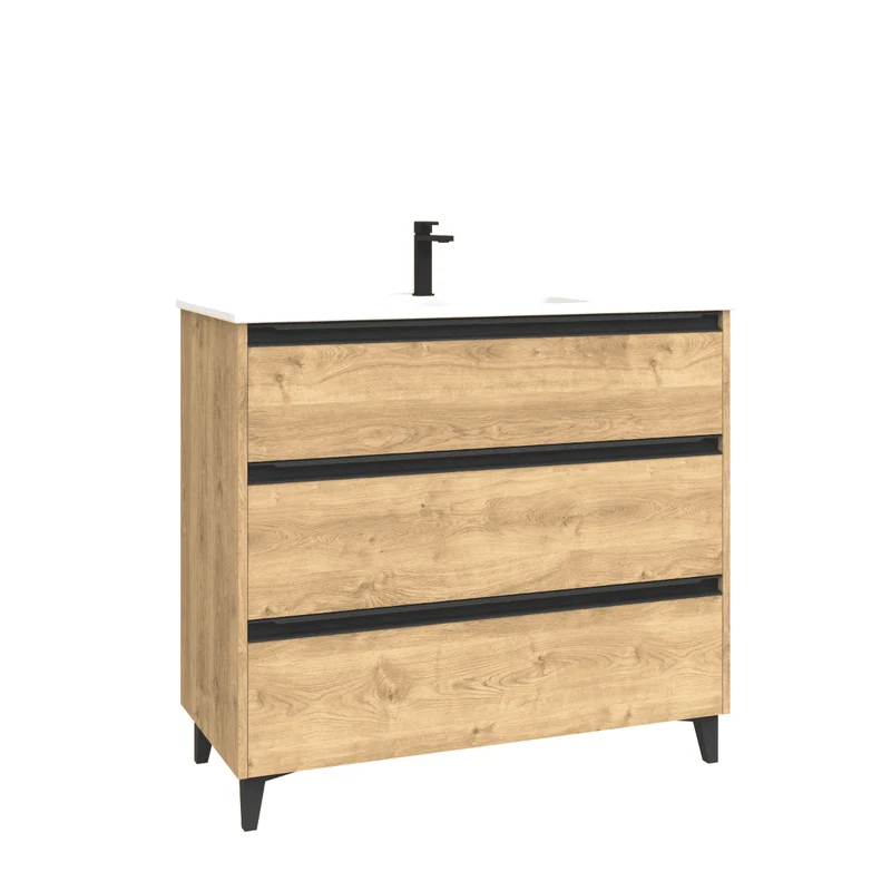 Mueble de Baño A Suelo con Lavabo Cerámico modelo Veloz| Mueble Baño con Patas 3 Cajones Con Tirador | Roble Natural