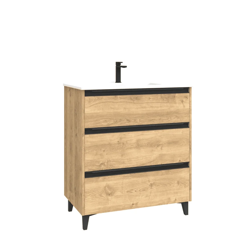 Mueble de Baño A Suelo con Lavabo Cerámico modelo Veloz| Mueble Baño con Patas 3 Cajones Con Tirador | Roble Natural