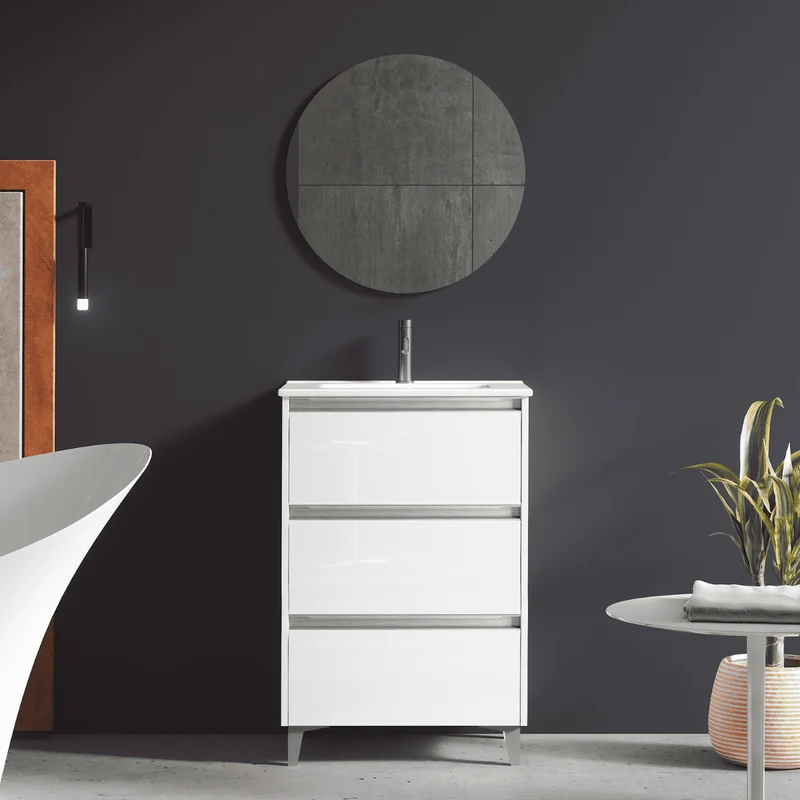 Mueble de Baño A Suelo con Lavabo Cerámico modelo Veloz| Mueble Baño con Patas 3 Cajones Con Tirador | Blanco Brillo