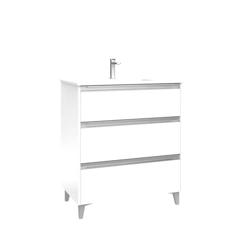 Mueble de Baño A Suelo con Lavabo Cerámico modelo Veloz| Mueble Baño con Patas 3 Cajones Con Tirador | Blanco Brillo
