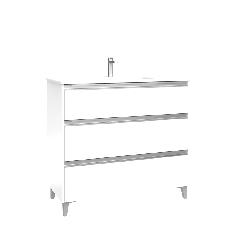 Mueble de Baño A Suelo con Lavabo Cerámico modelo Veloz| Mueble Baño con Patas 3 Cajones Con Tirador | Blanco Brillo