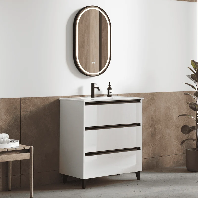 Mueble de Baño A Suelo con Lavabo Cerámico modelo Veloz| Mueble Baño con Patas 3 Cajones Con Tirador | Blanco Brillo