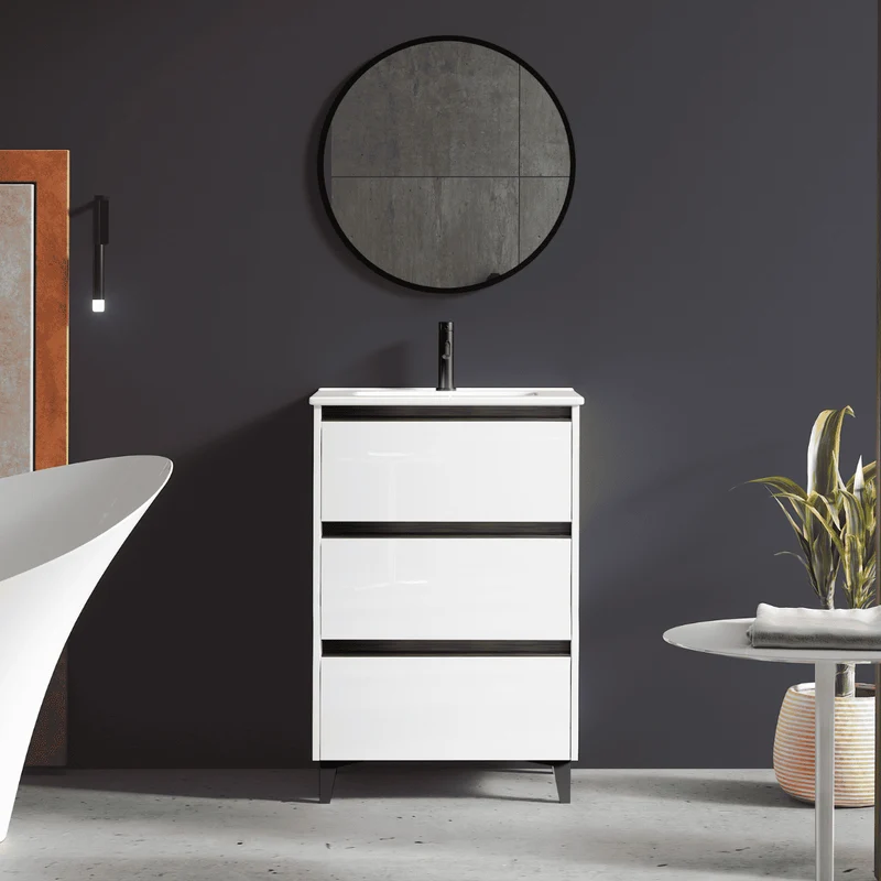 Mueble de Baño A Suelo con Lavabo Cerámico modelo Veloz| Mueble Baño con Patas 3 Cajones Con Tirador | Blanco Brillo