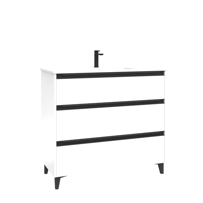 Mueble de Baño A Suelo con Lavabo Cerámico modelo Veloz| Mueble Baño con Patas 3 Cajones Con Tirador | Blanco Brillo