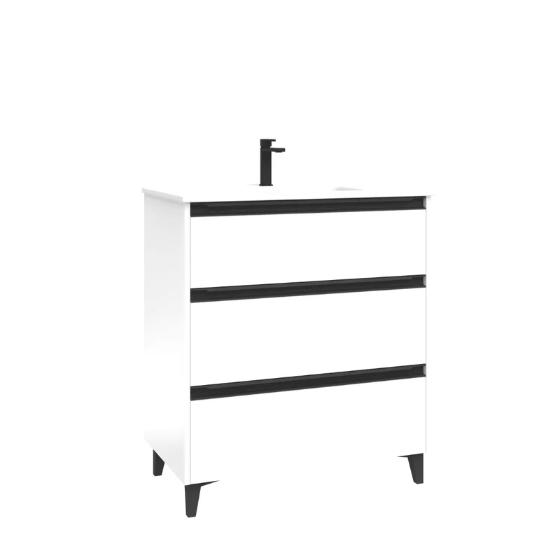 Mueble de Baño A Suelo con Lavabo Cerámico modelo Veloz| Mueble Baño con Patas 3 Cajones Con Tirador | Blanco Brillo