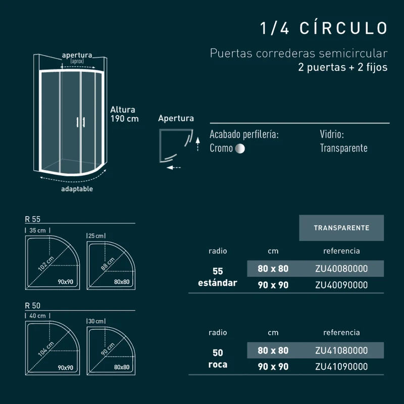 Zurita Mampara de Ducha Semicircular Corredera| Mampara Ducha Curva Angular Transparente| Cristal Templado 5mm Antical | Altura 190 cm