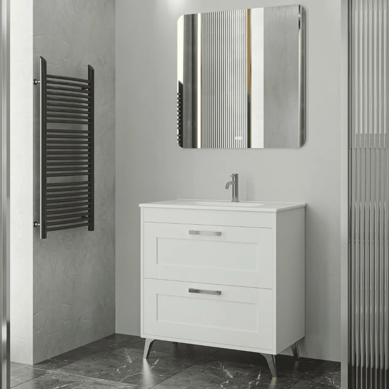 Mueble de Baño A Suelo con Lavabo Cerámico modelo Selene | Mueble Baño con Patas 2 Cajones Con Tirador | Blanco Mate