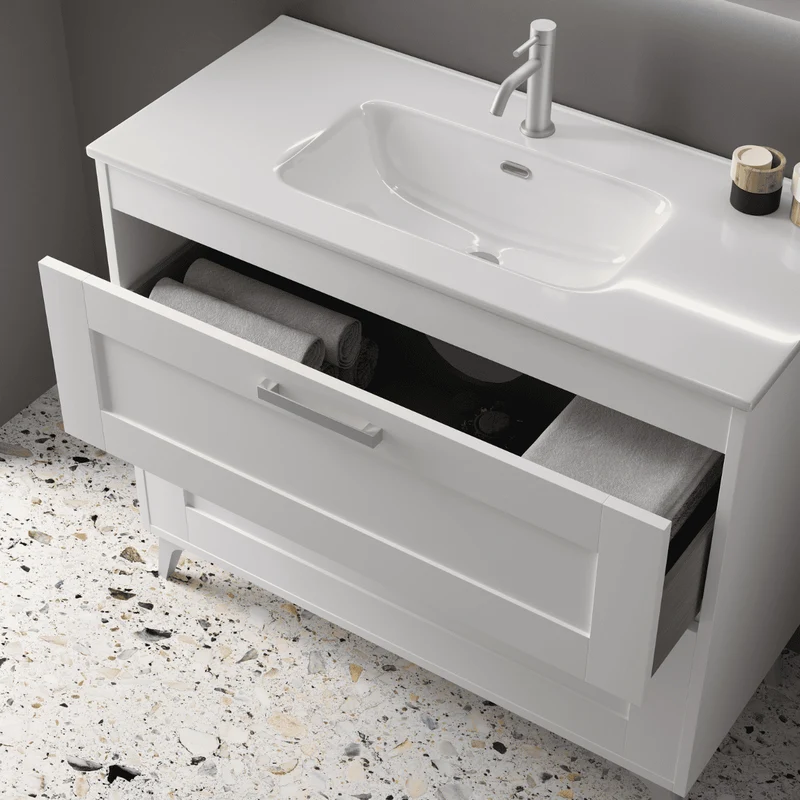 Mueble de Baño A Suelo con Lavabo Cerámico modelo Selene | Mueble Baño con Patas 2 Cajones Con Tirador | Blanco Mate