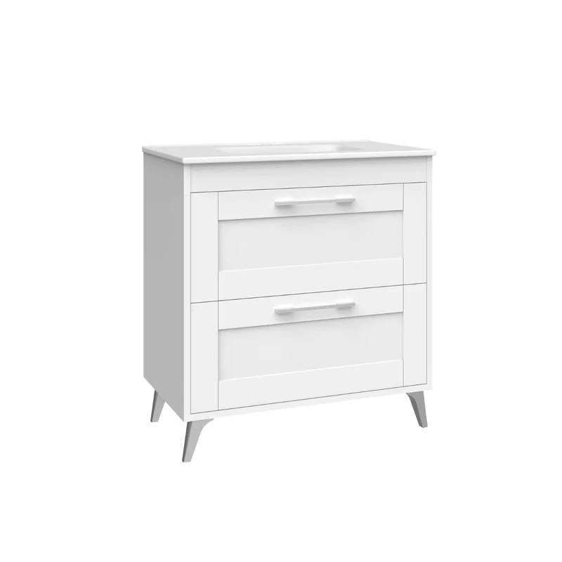 Mueble de Baño A Suelo con Lavabo Cerámico modelo Selene | Mueble Baño con Patas 2 Cajones Con Tirador | Blanco Mate