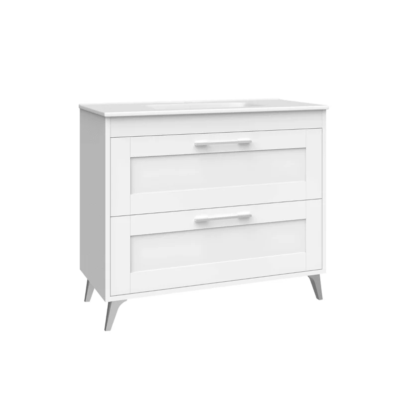 Mueble de Baño A Suelo con Lavabo Cerámico modelo Selene | Mueble Baño con Patas 2 Cajones Con Tirador | Blanco Mate