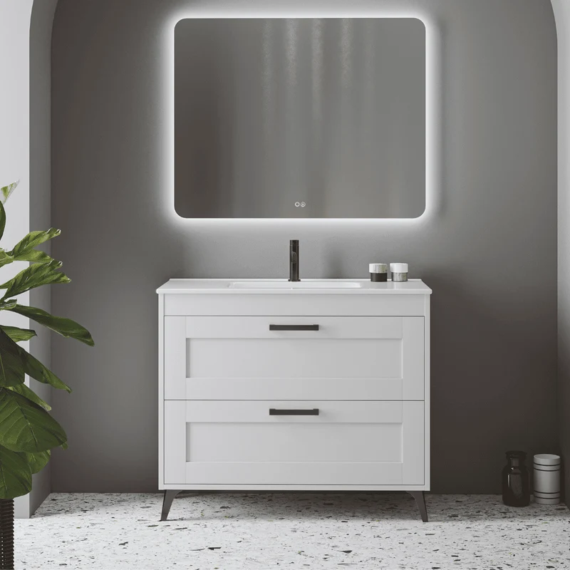 Mueble de Baño A Suelo con Lavabo Cerámico modelo Selene | Mueble Baño con Patas 2 Cajones Con Tirador | Blanco Mate