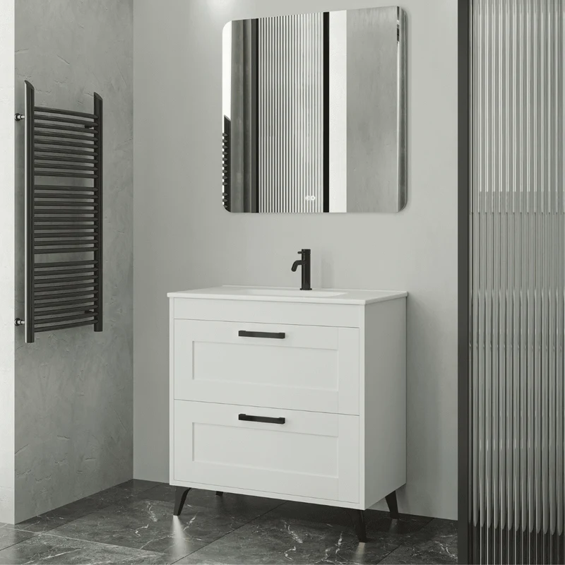 Mueble de Baño A Suelo con Lavabo Cerámico modelo Selene | Mueble Baño con Patas 2 Cajones Con Tirador | Blanco Mate