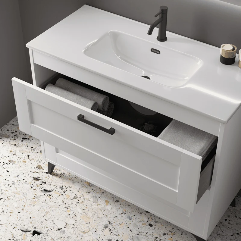 Mueble de Baño A Suelo con Lavabo Cerámico modelo Selene | Mueble Baño con Patas 2 Cajones Con Tirador | Blanco Mate