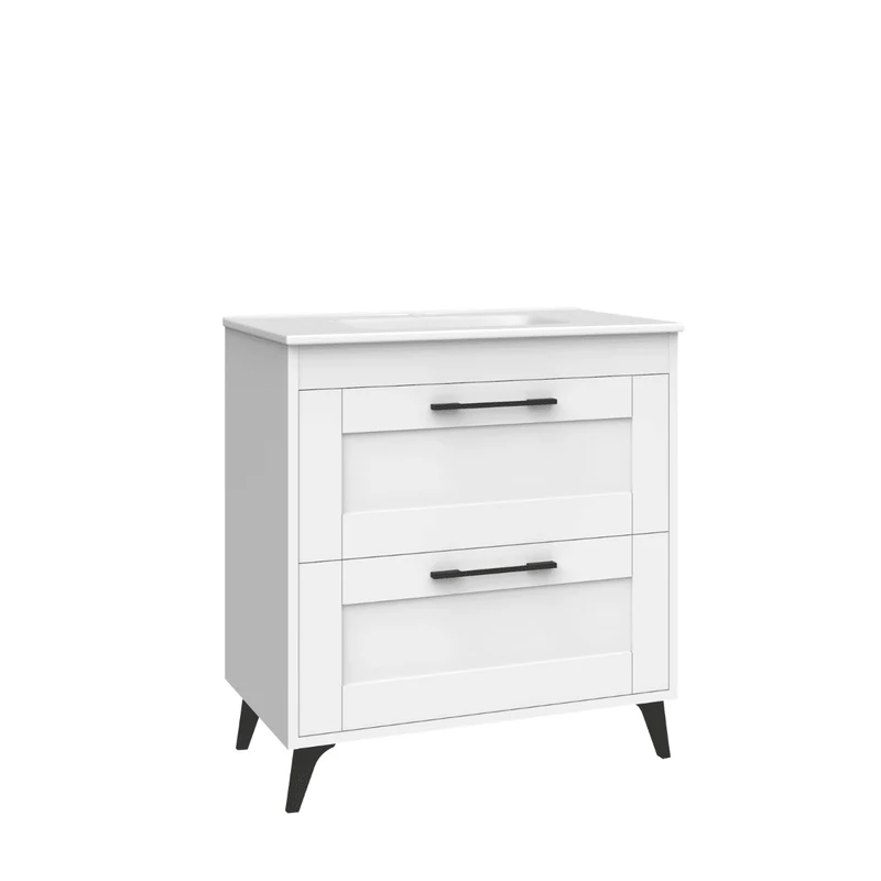 Mueble de Baño A Suelo con Lavabo Cerámico modelo Selene | Mueble Baño con Patas 2 Cajones Con Tirador | Blanco Mate