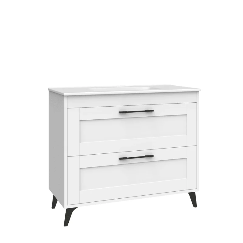 Mueble de Baño A Suelo con Lavabo Cerámico modelo Selene | Mueble Baño con Patas 2 Cajones Con Tirador | Blanco Mate