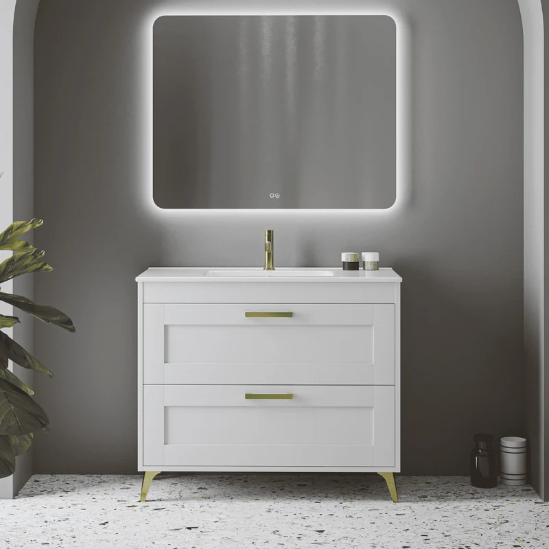 Mueble de Baño A Suelo con Lavabo Cerámico modelo Selene | Mueble Baño con Patas 2 Cajones Con Tirador | Blanco Mate