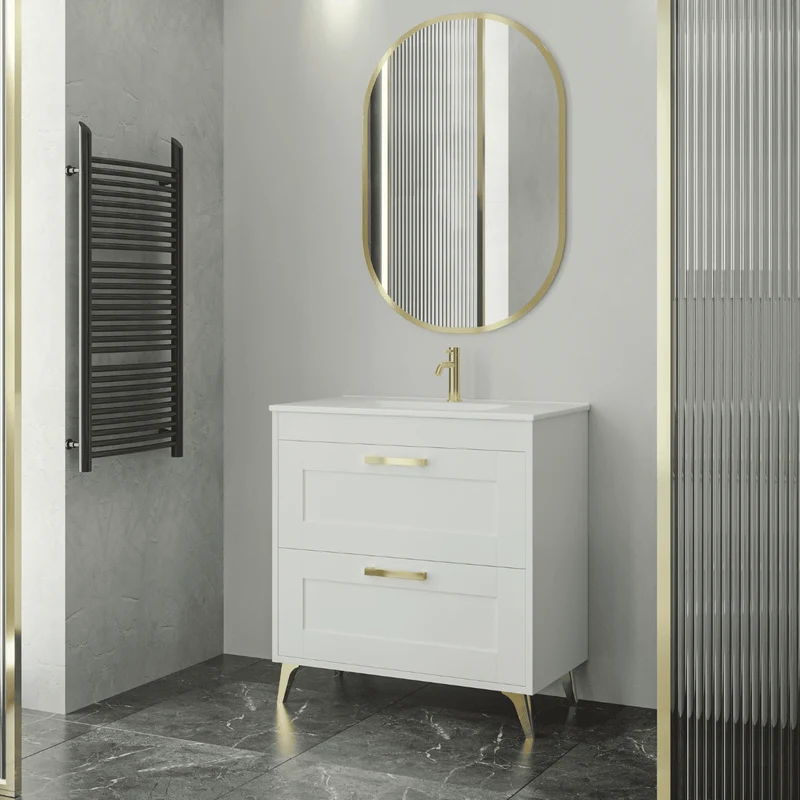 Mueble de Baño A Suelo con Lavabo Cerámico modelo Selene | Mueble Baño con Patas 2 Cajones Con Tirador | Blanco Mate