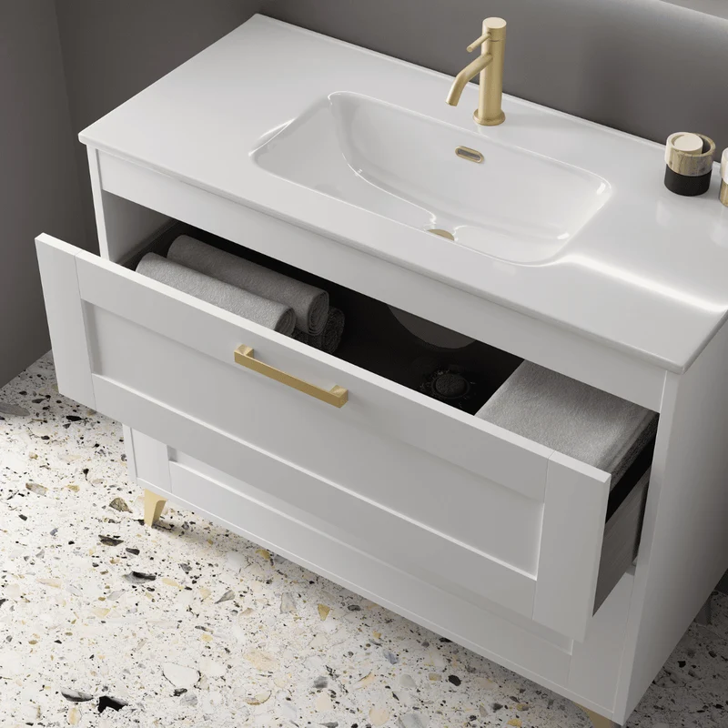 Mueble de Baño A Suelo con Lavabo Cerámico modelo Selene | Mueble Baño con Patas 2 Cajones Con Tirador | Blanco Mate