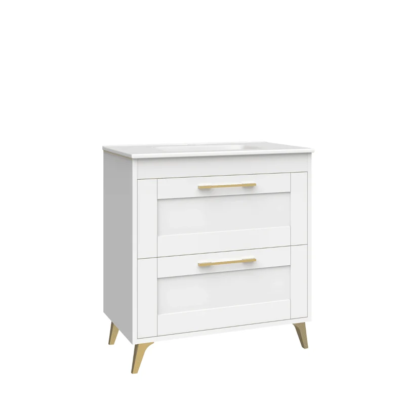 Mueble de Baño A Suelo con Lavabo Cerámico modelo Selene | Mueble Baño con Patas 2 Cajones Con Tirador | Blanco Mate