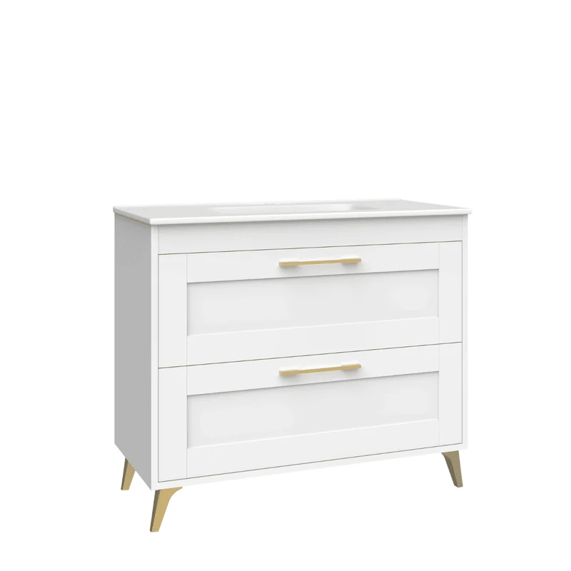 Mueble de Baño A Suelo con Lavabo Cerámico modelo Selene | Mueble Baño con Patas 2 Cajones Con Tirador | Blanco Mate