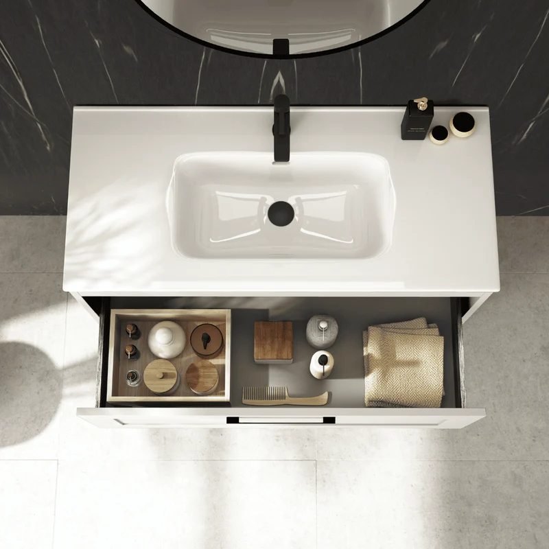 Mueble de Baño A Suelo con Lavabo Cerámico modelo Selene | Mueble Baño con Patas 2 Cajones Con Tirador | Blanco Mate