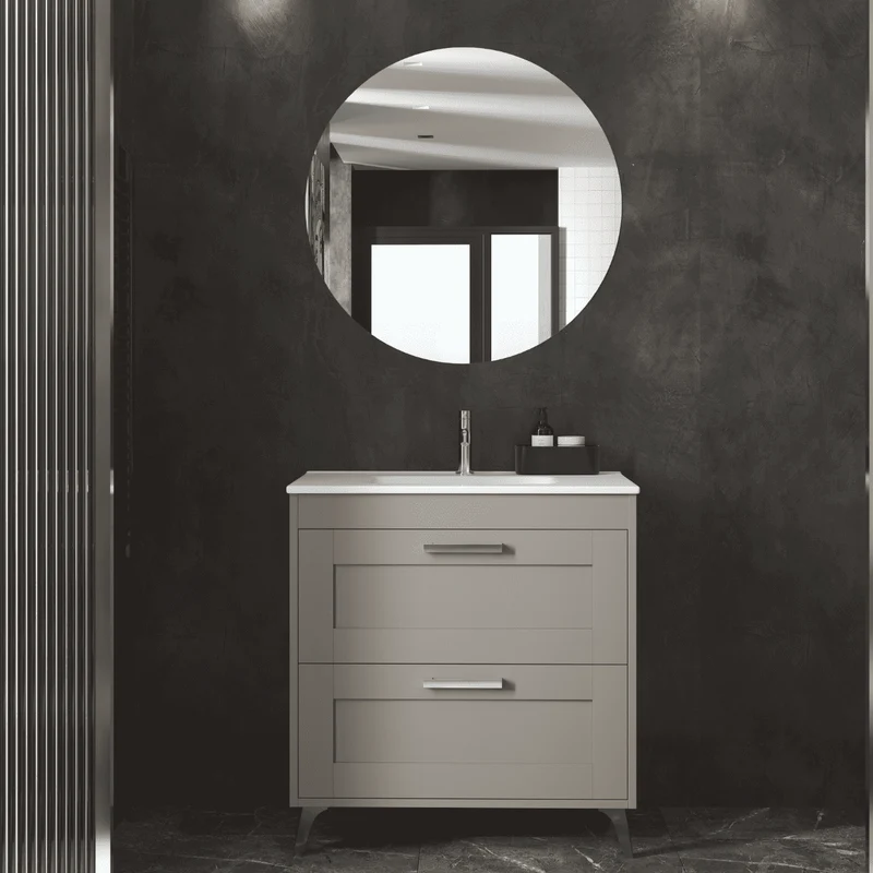 Mueble de Baño A Suelo con Lavabo Cerámico modelo Selene | Mueble Baño con Patas 2 Cajones Con Tirador | Moka Mate