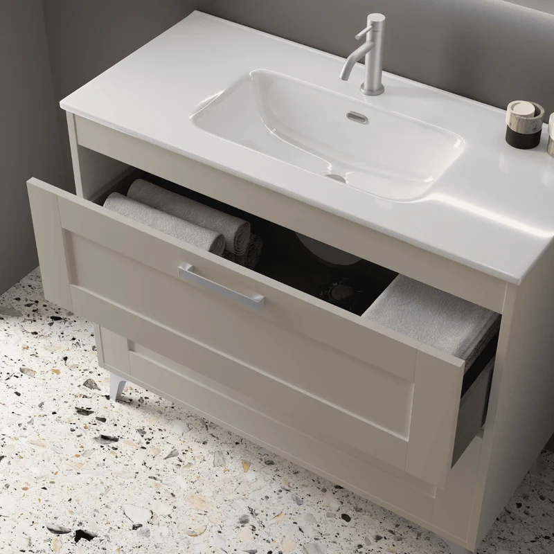 Mueble de Baño A Suelo con Lavabo Cerámico modelo Selene | Mueble Baño con Patas 2 Cajones Con Tirador | Moka Mate