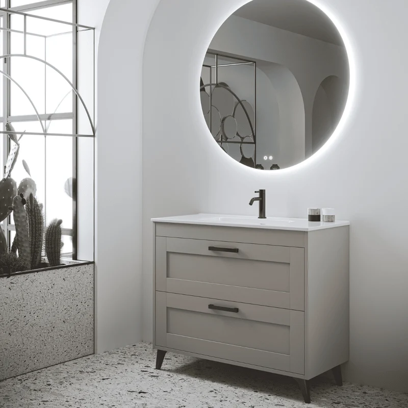 Mueble de Baño A Suelo con Lavabo Cerámico modelo Selene | Mueble Baño con Patas 2 Cajones Con Tirador | Moka Mate