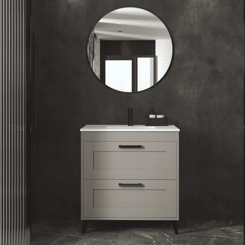 Mueble de Baño A Suelo con Lavabo Cerámico modelo Selene | Mueble Baño con Patas 2 Cajones Con Tirador | Moka Mate