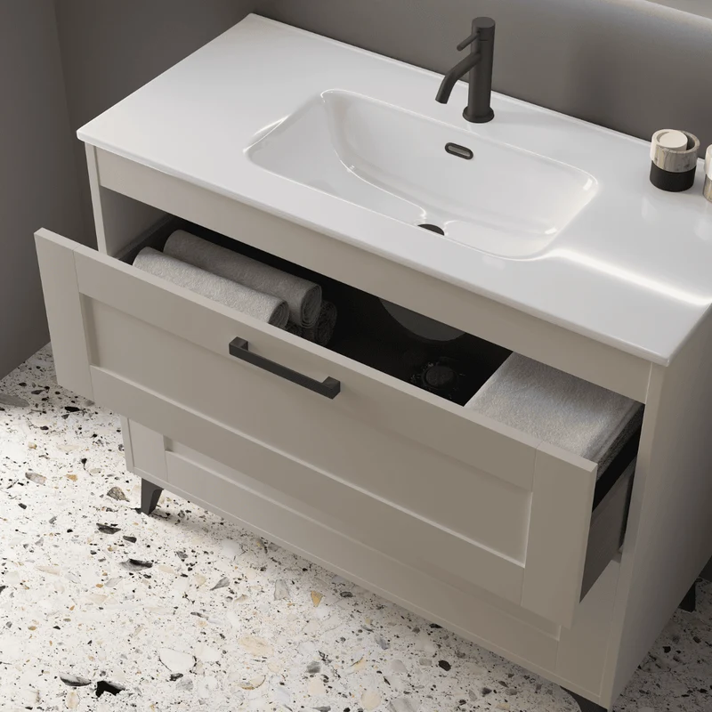 Mueble de Baño A Suelo con Lavabo Cerámico modelo Selene | Mueble Baño con Patas 2 Cajones Con Tirador | Moka Mate