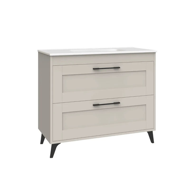 Mueble de Baño A Suelo con Lavabo Cerámico modelo Selene | Mueble Baño con Patas 2 Cajones Con Tirador | Moka Mate