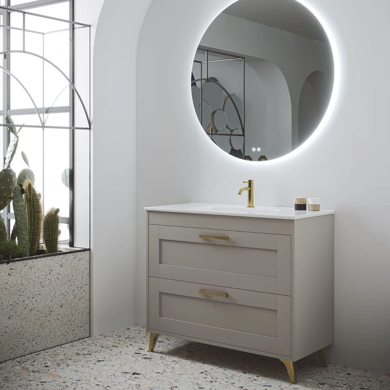 Mueble de Baño A Suelo con Lavabo Cerámico modelo Selene | Mueble Baño con Patas 2 Cajones Con Tirador | Moka Mate