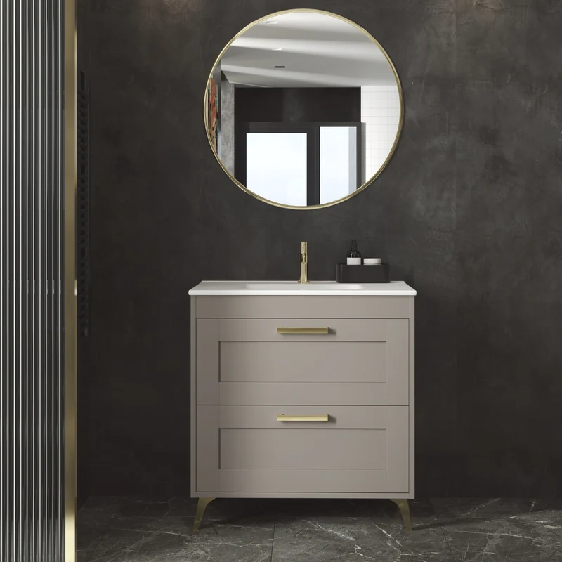 Mueble de Baño A Suelo con Lavabo Cerámico modelo Selene | Mueble Baño con Patas 2 Cajones Con Tirador | Moka Mate