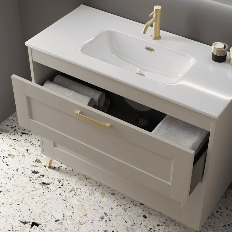 Mueble de Baño A Suelo con Lavabo Cerámico modelo Selene | Mueble Baño con Patas 2 Cajones Con Tirador | Moka Mate