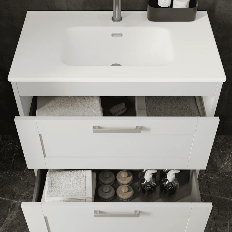 Mueble de Baño Suspendido con Lavabo Cerámico modelo Ellen | Mueble Volado 2 Cajones Con Tirador | Blanco Mate