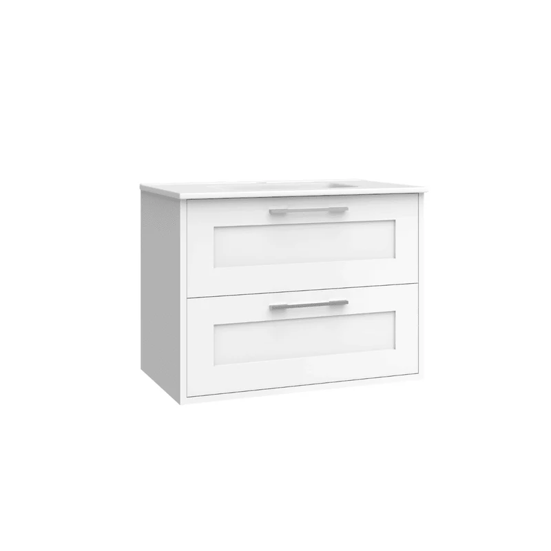Mueble de Baño Suspendido con Lavabo Cerámico modelo Ellen | Mueble Volado 2 Cajones Con Tirador | Blanco Mate