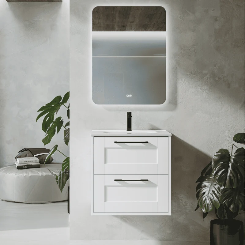 Mueble de Baño Suspendido con Lavabo Cerámico modelo Ellen | Mueble Volado 2 Cajones Con Tirador | Blanco Mate