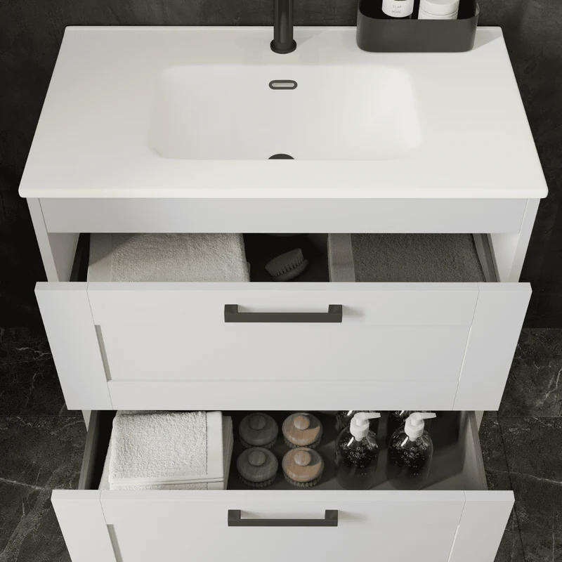 Mueble de Baño Suspendido con Lavabo Cerámico modelo Ellen | Mueble Volado 2 Cajones Con Tirador | Blanco Mate