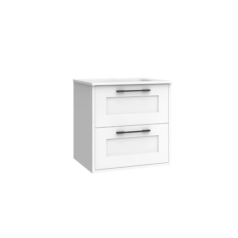Mueble de Baño Suspendido con Lavabo Cerámico modelo Ellen | Mueble Volado 2 Cajones Con Tirador | Blanco Mate