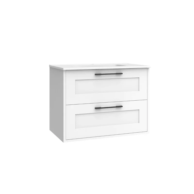 Mueble de Baño Suspendido con Lavabo Cerámico modelo Ellen | Mueble Volado 2 Cajones Con Tirador | Blanco Mate