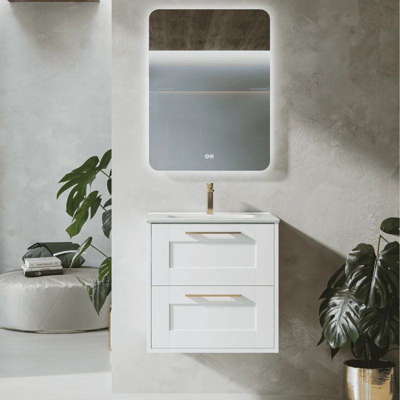 Mueble de Baño Suspendido con Lavabo Cerámico modelo Ellen | Mueble Volado 2 Cajones Con Tirador | Blanco Mate