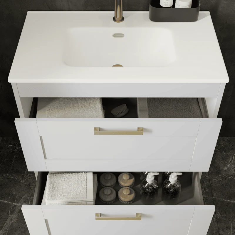 Mueble de Baño Suspendido con Lavabo Cerámico modelo Ellen | Mueble Volado 2 Cajones Con Tirador | Blanco Mate