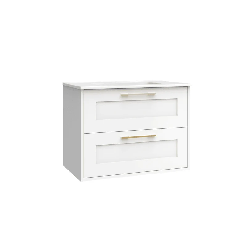 Mueble de Baño Suspendido con Lavabo Cerámico modelo Ellen | Mueble Volado 2 Cajones Con Tirador | Blanco Mate
